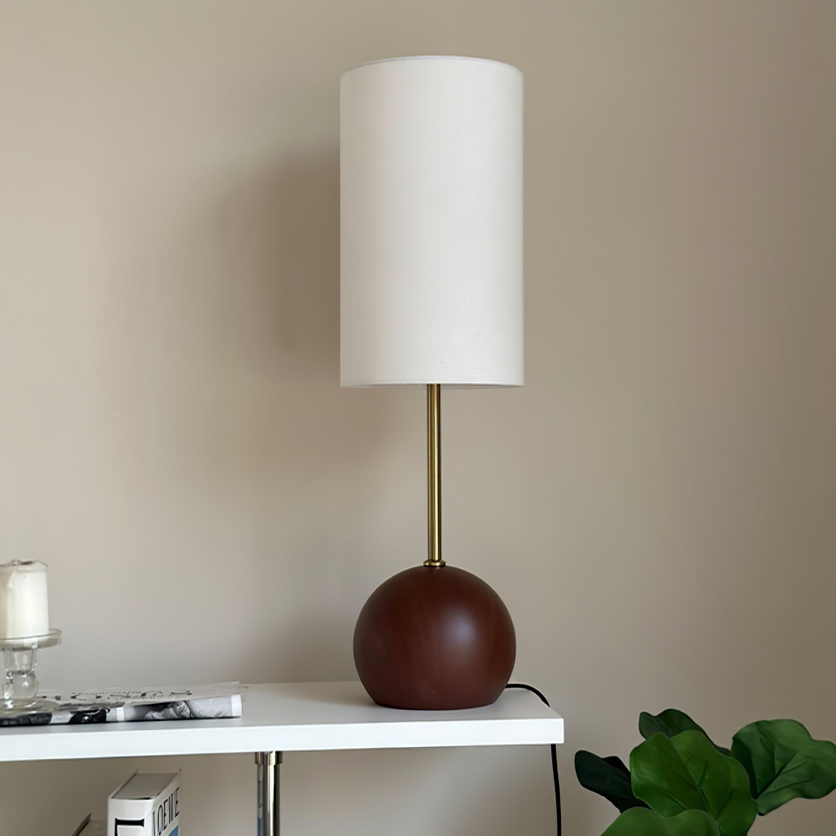 Mid Century Modern Wooden Sphere Table Lamp with Fabric Shade for Bedside and Living Room