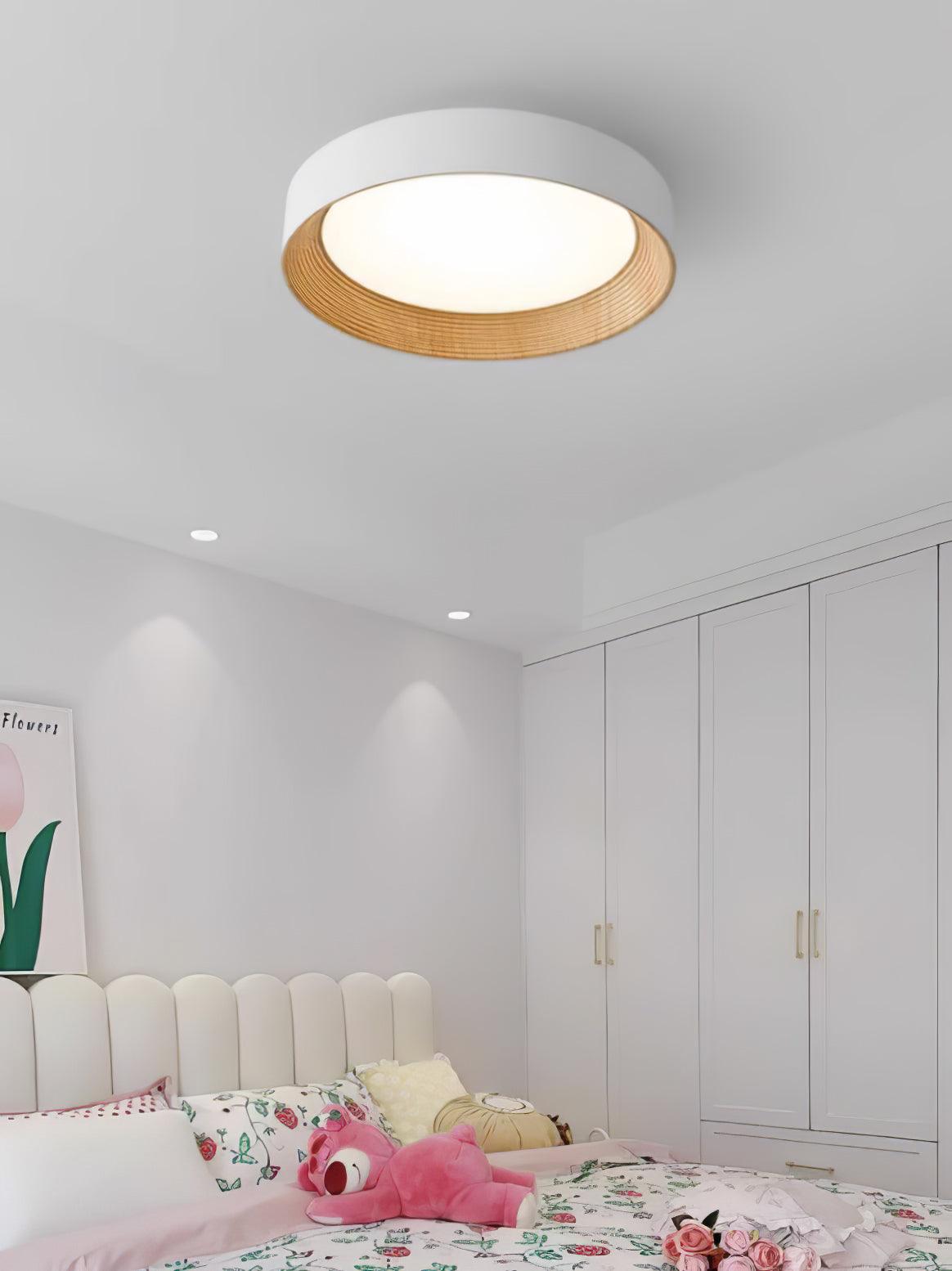 Oreen Modern Round Flush Mount LED Ceiling Light with Wood Grain Finish and Three Color Dimming