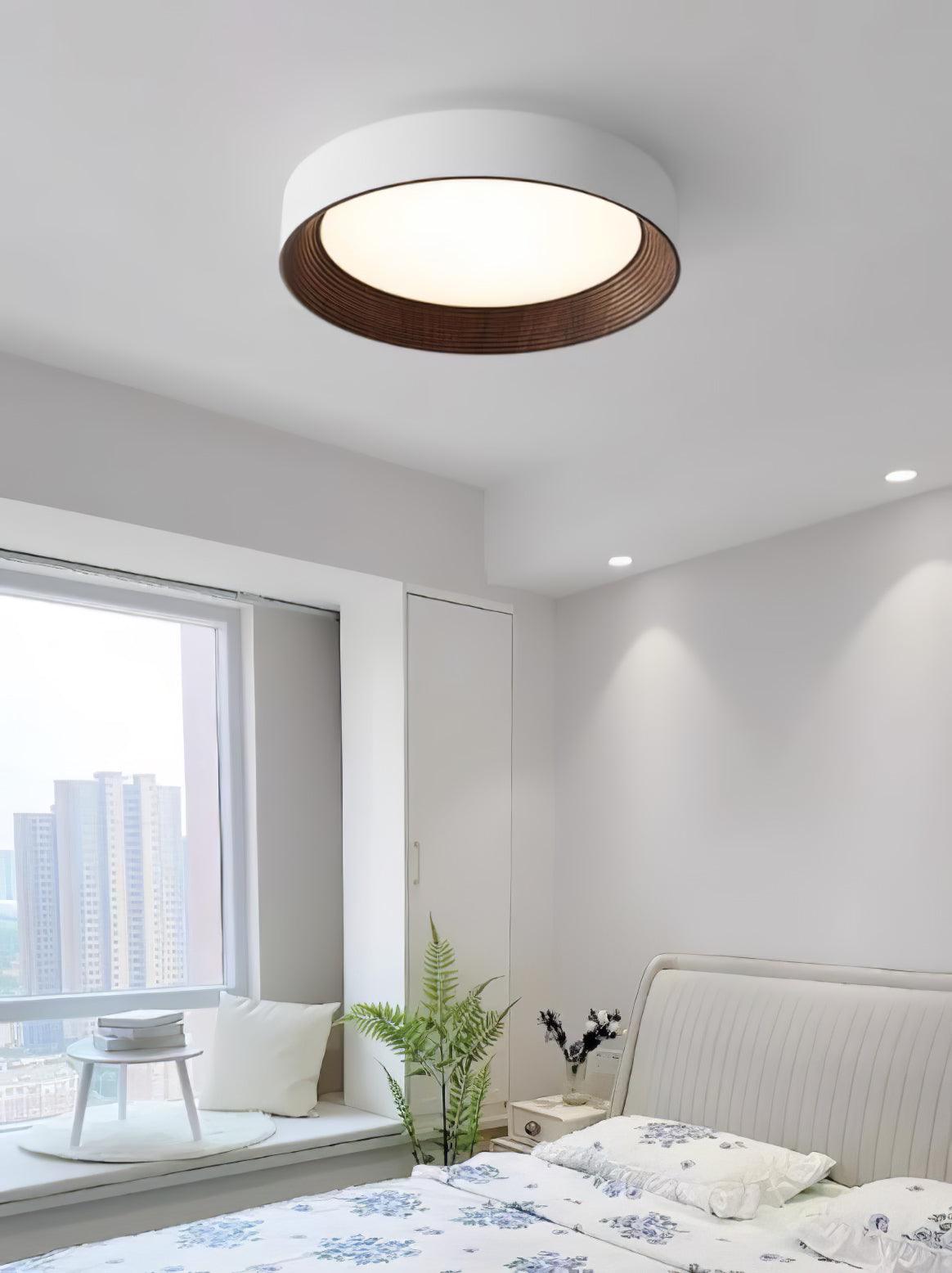 Oreen Modern Round Flush Mount LED Ceiling Light with Wood Grain Finish and Three Color Dimming