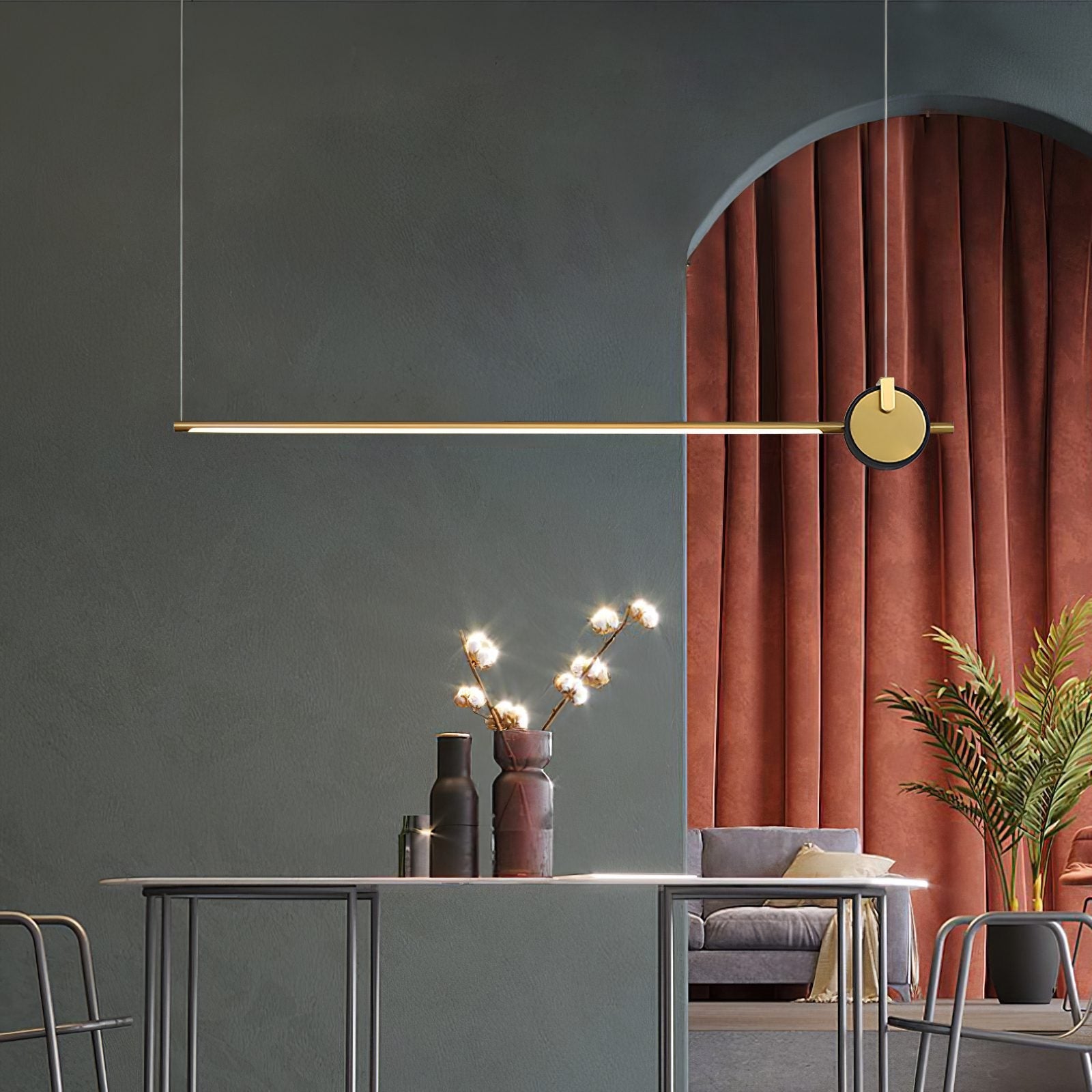 minimalist-led-linear-pendant-light-with-gold-sphere-trim-for-dining-room