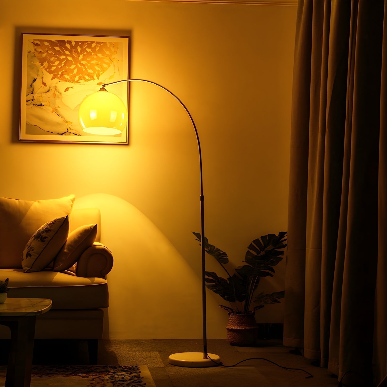 Mid Century Modern Arch Floor Lamp with Glass Dome Shade and Solid Marble Base