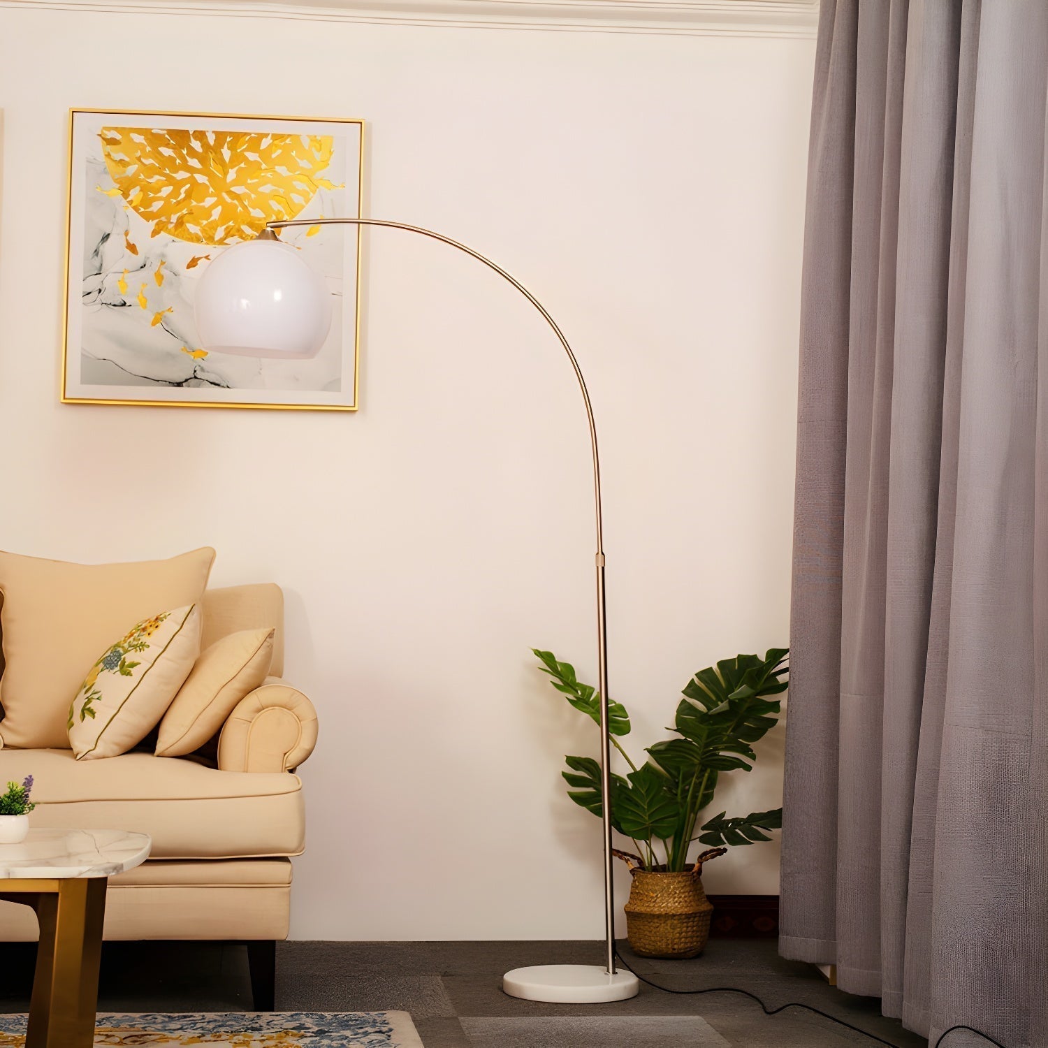 Mid Century Modern Arch Floor Lamp with Glass Dome Shade and Solid Marble Base
