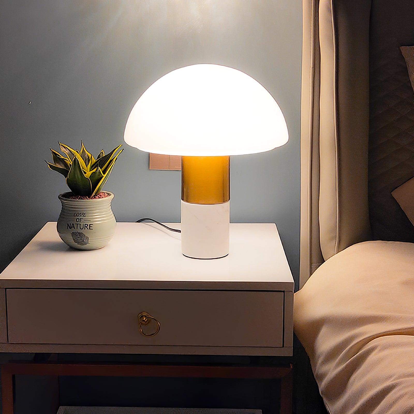Orly Modern Marble and Frosted Glass Dome Table Lamp with Gold Base for Desk and Bedside