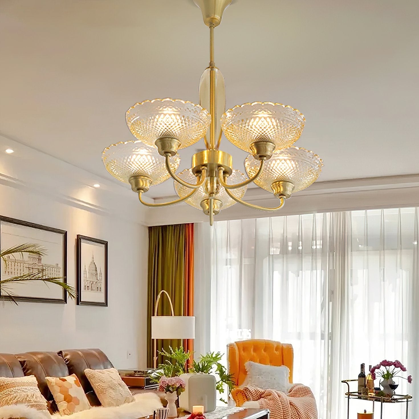 mid-century-scalloped-amber-glass-brass-chandelier-5-arm-pendant-lighting-for-dining-room