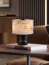 Modern Brass and Marble Table Lamp with Hand Cut Alabaster Stone Shade Elegant Desk Lighting