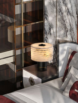 Modern Brass and Marble Table Lamp with Hand Cut Alabaster Stone Shade Elegant Desk Lighting