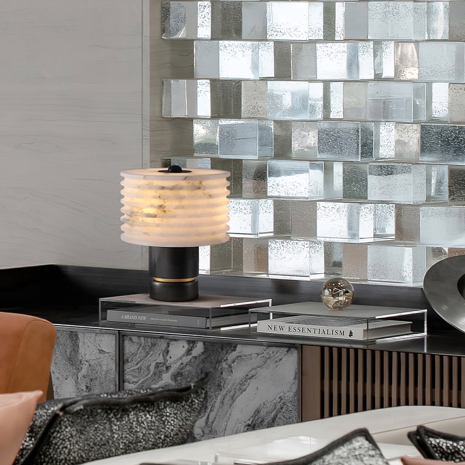 Modern Brass and Marble Table Lamp with Hand Cut Alabaster Stone Shade Elegant Desk Lighting
