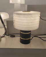 Modern Brass and Marble Table Lamp with Hand Cut Alabaster Stone Shade Elegant Desk Lighting