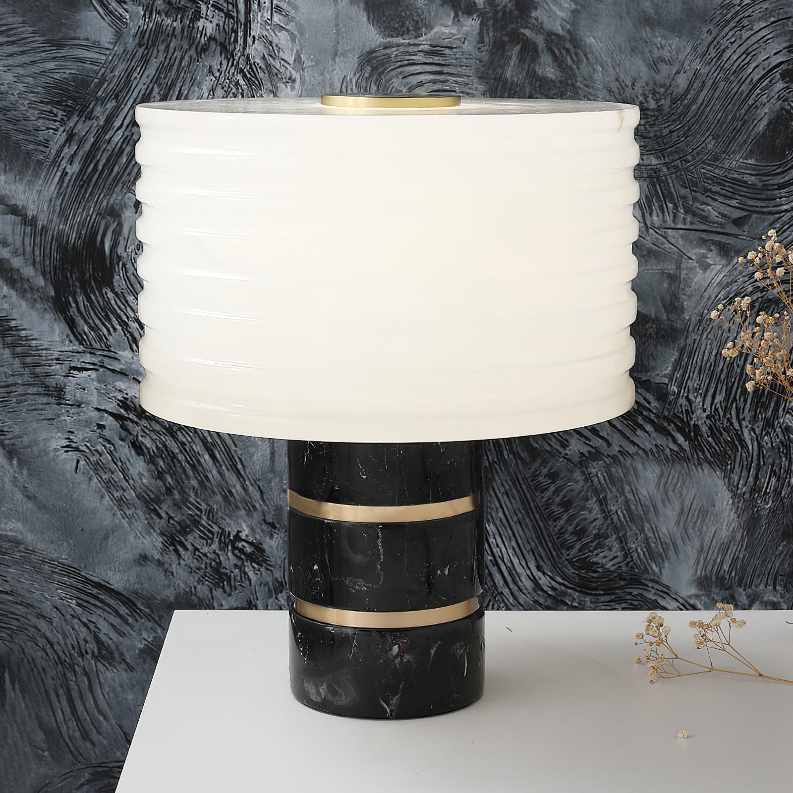 Modern Brass and Marble Table Lamp with Hand Cut Alabaster Stone Shade Elegant Desk Lighting