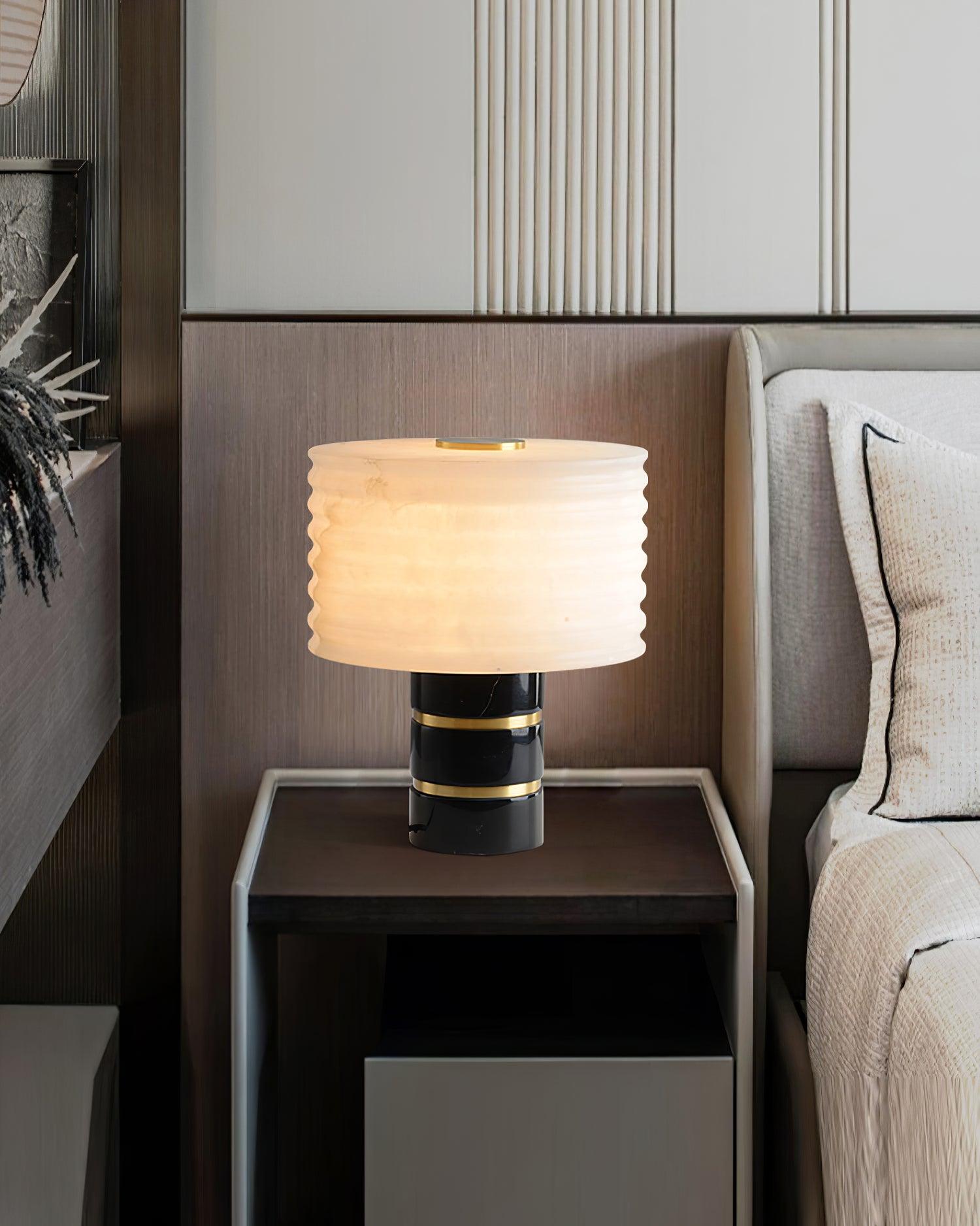Modern Brass and Marble Table Lamp with Hand Cut Alabaster Stone Shade Elegant Desk Lighting