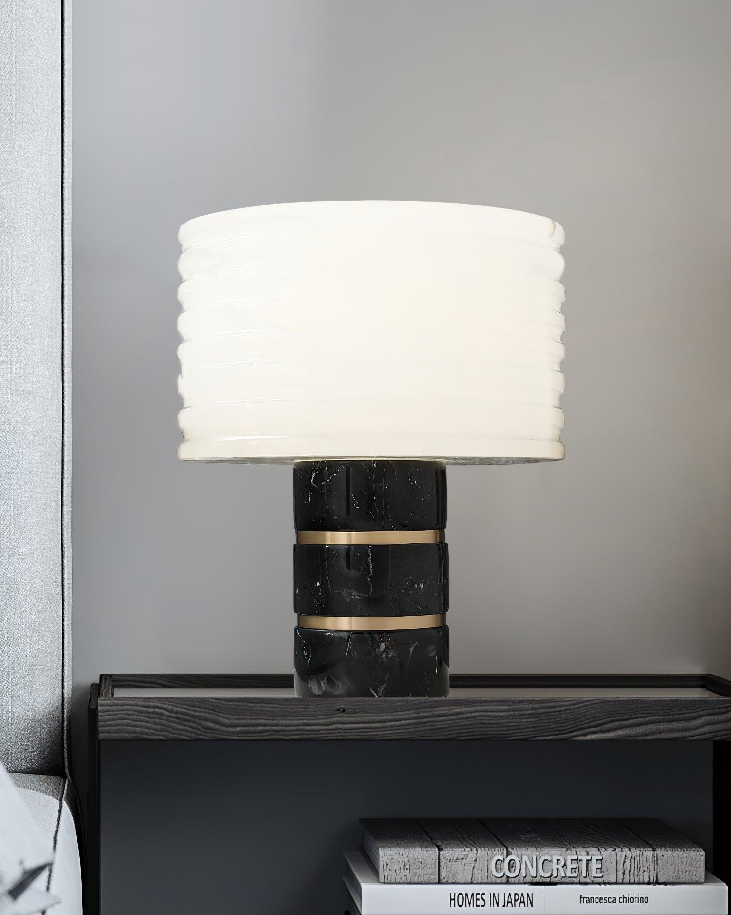 Modern Brass and Marble Table Lamp with Hand Cut Alabaster Stone Shade Elegant Desk Lighting