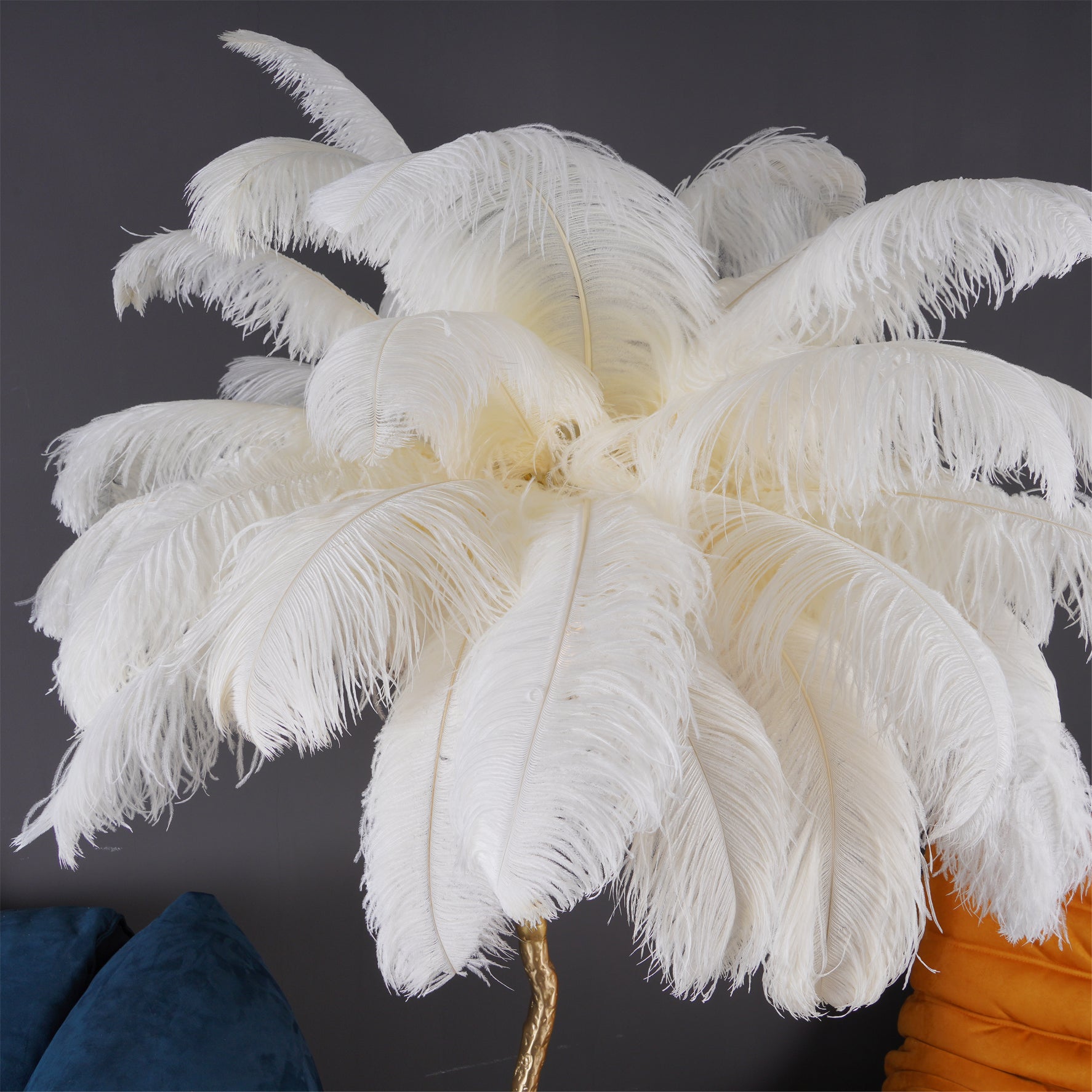 Luxurious Ostrich Feather Floor Lamp with Polished Brass Base Elegant Gold Standing Light for Living Room