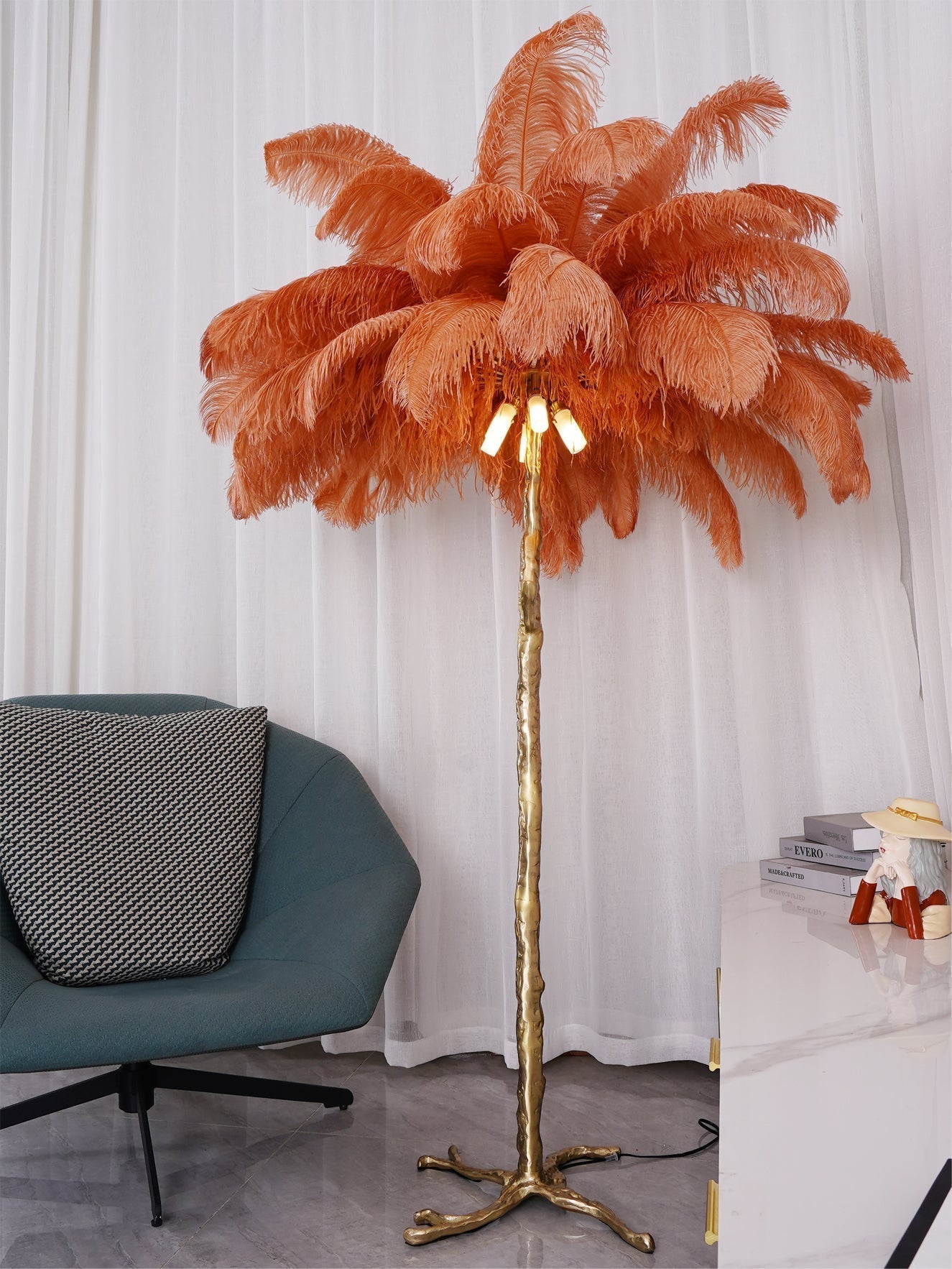 Luxurious Ostrich Feather Floor Lamp with Polished Brass Base Elegant Gold Standing Light for Living Room