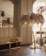 Luxurious Ostrich Feather Floor Lamp with Polished Brass Base Elegant Gold Standing Light for Living Room