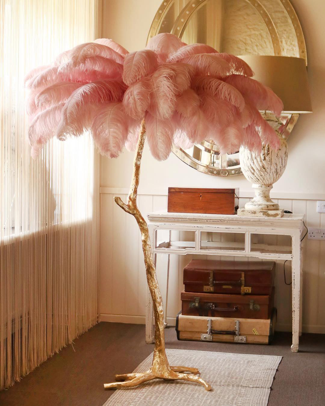 Luxurious Ostrich Feather Floor Lamp with Polished Brass Base Elegant Gold Standing Light for Living Room