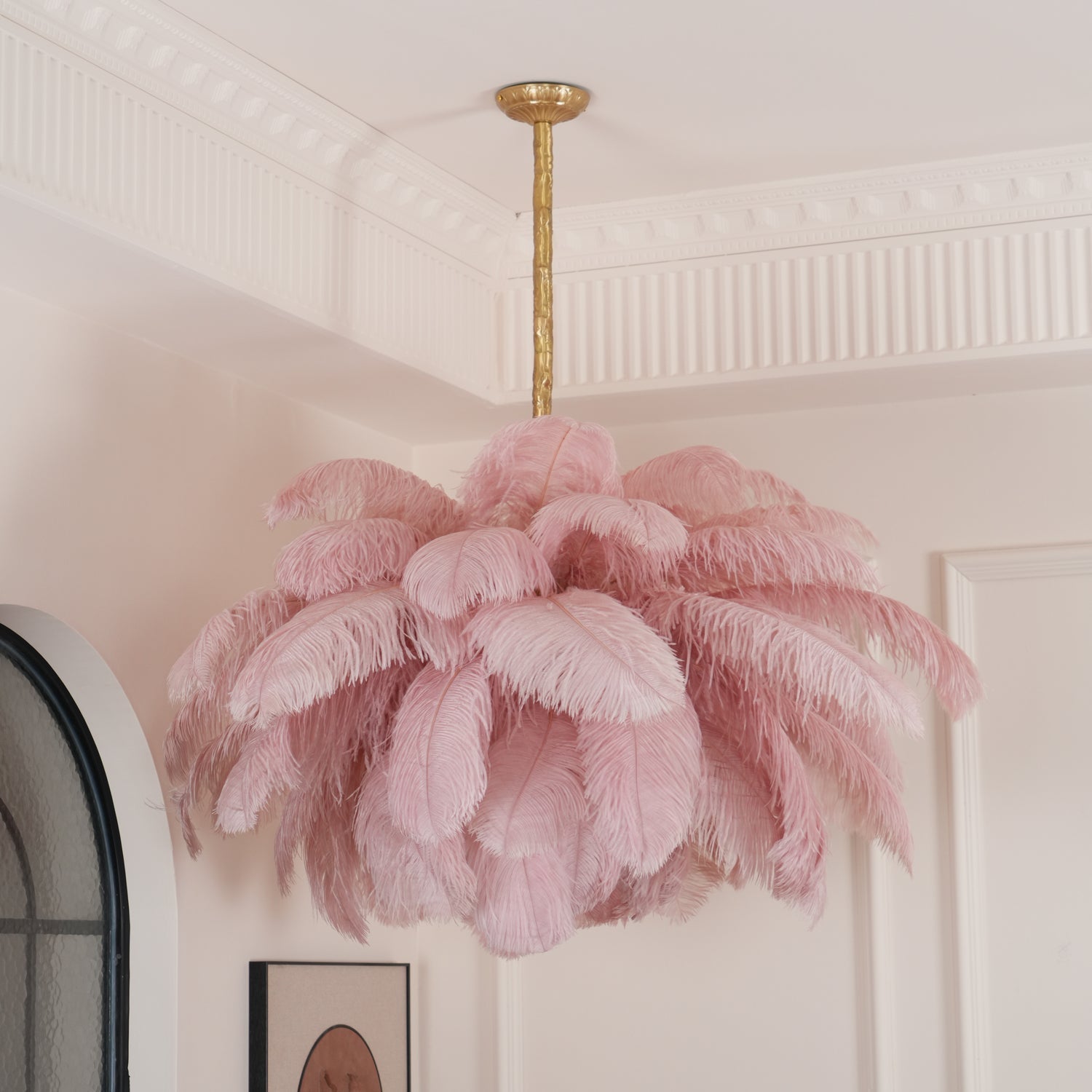 Natural Ostrich Feather Gasolier Chandelier with Polished Brass Frame for Luxury Interiors
