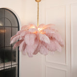 Natural Ostrich Feather Gasolier Chandelier with Polished Brass Frame for Luxury Interiors