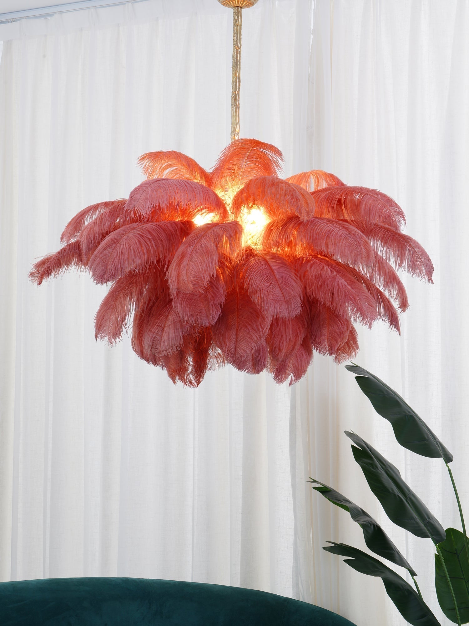 Natural Ostrich Feather Gasolier Chandelier with Polished Brass Frame for Luxury Interiors