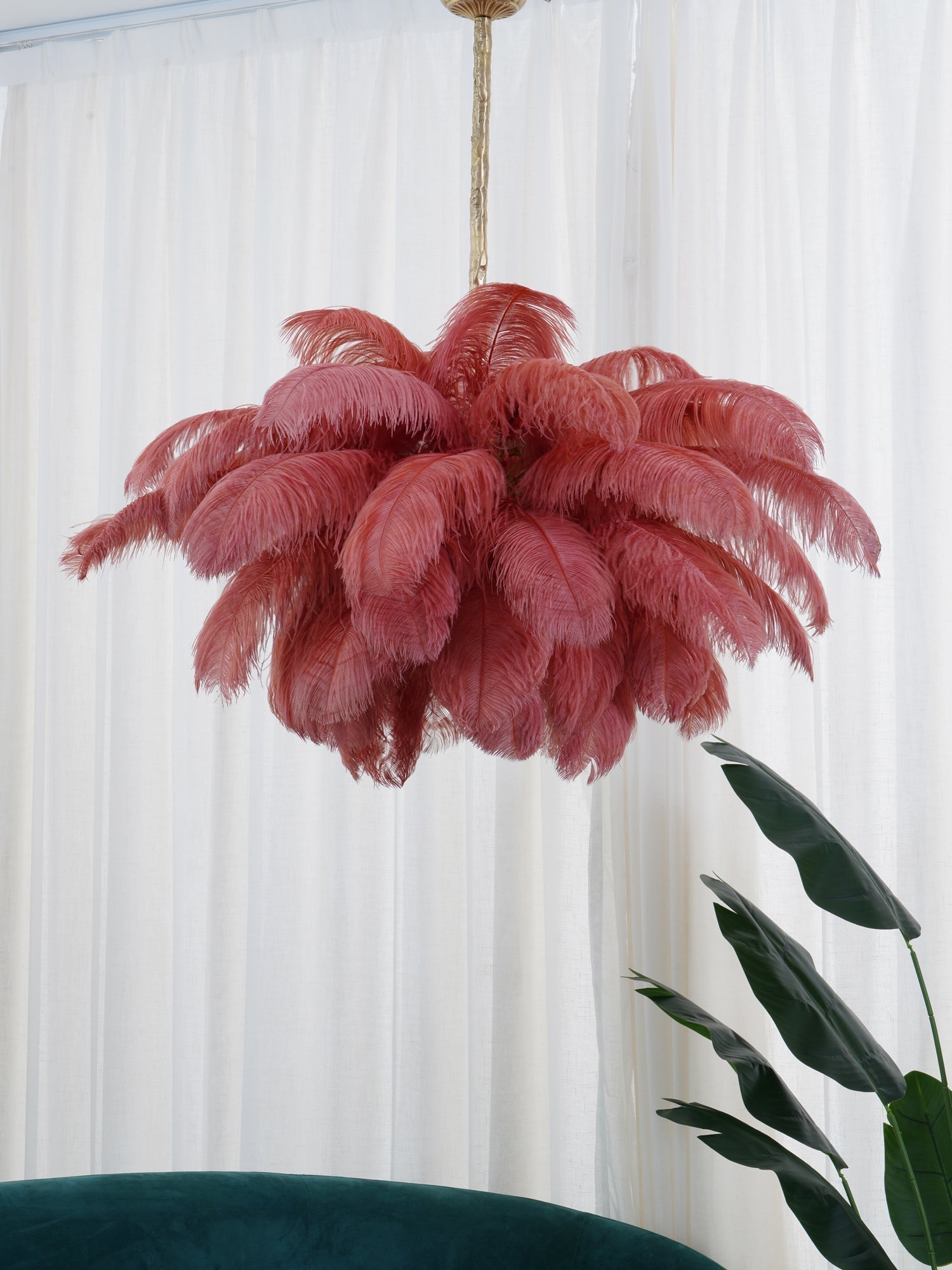 Natural Ostrich Feather Gasolier Chandelier with Polished Brass Frame for Luxury Interiors