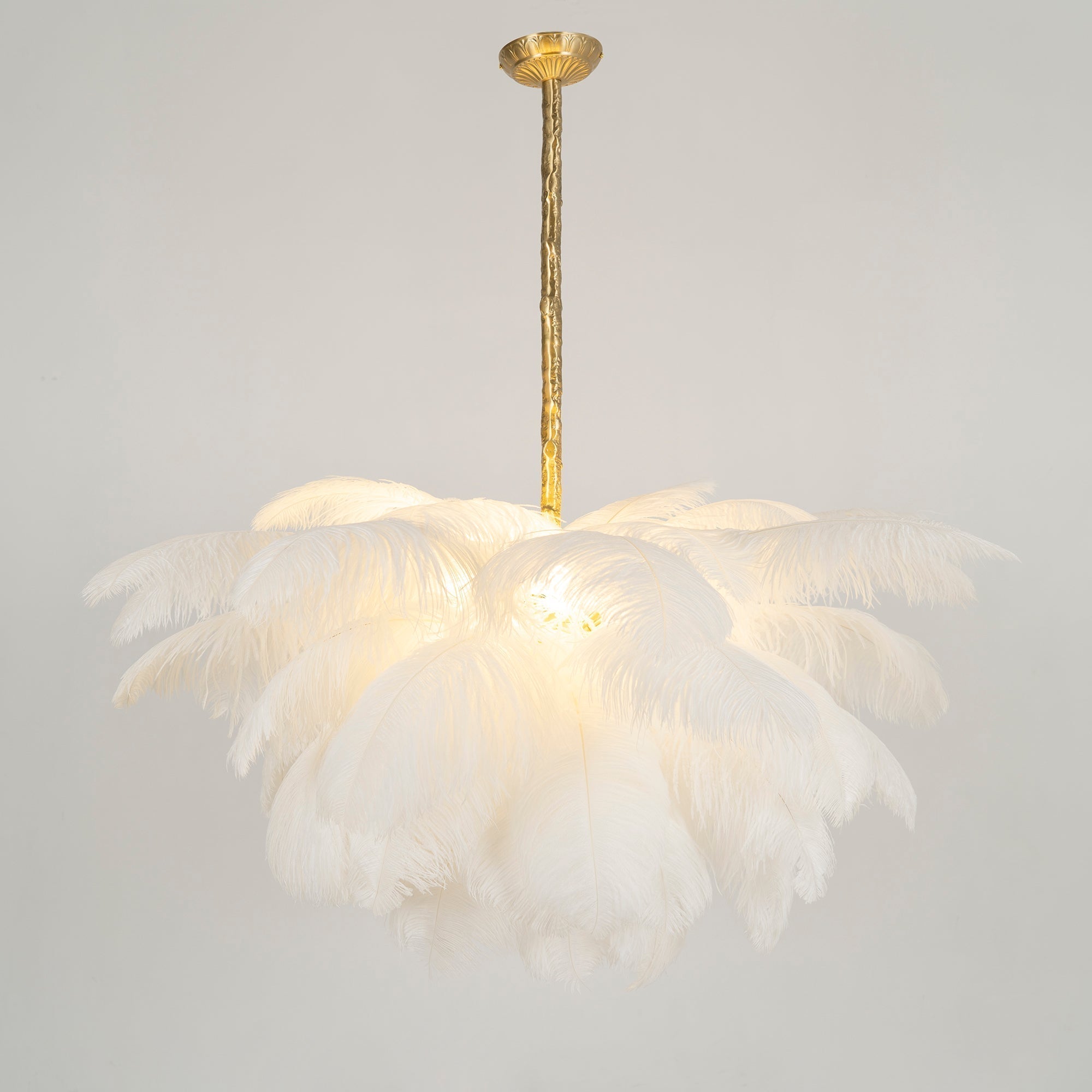 Natural Ostrich Feather Gasolier Chandelier with Polished Brass Frame for Luxury Interiors
