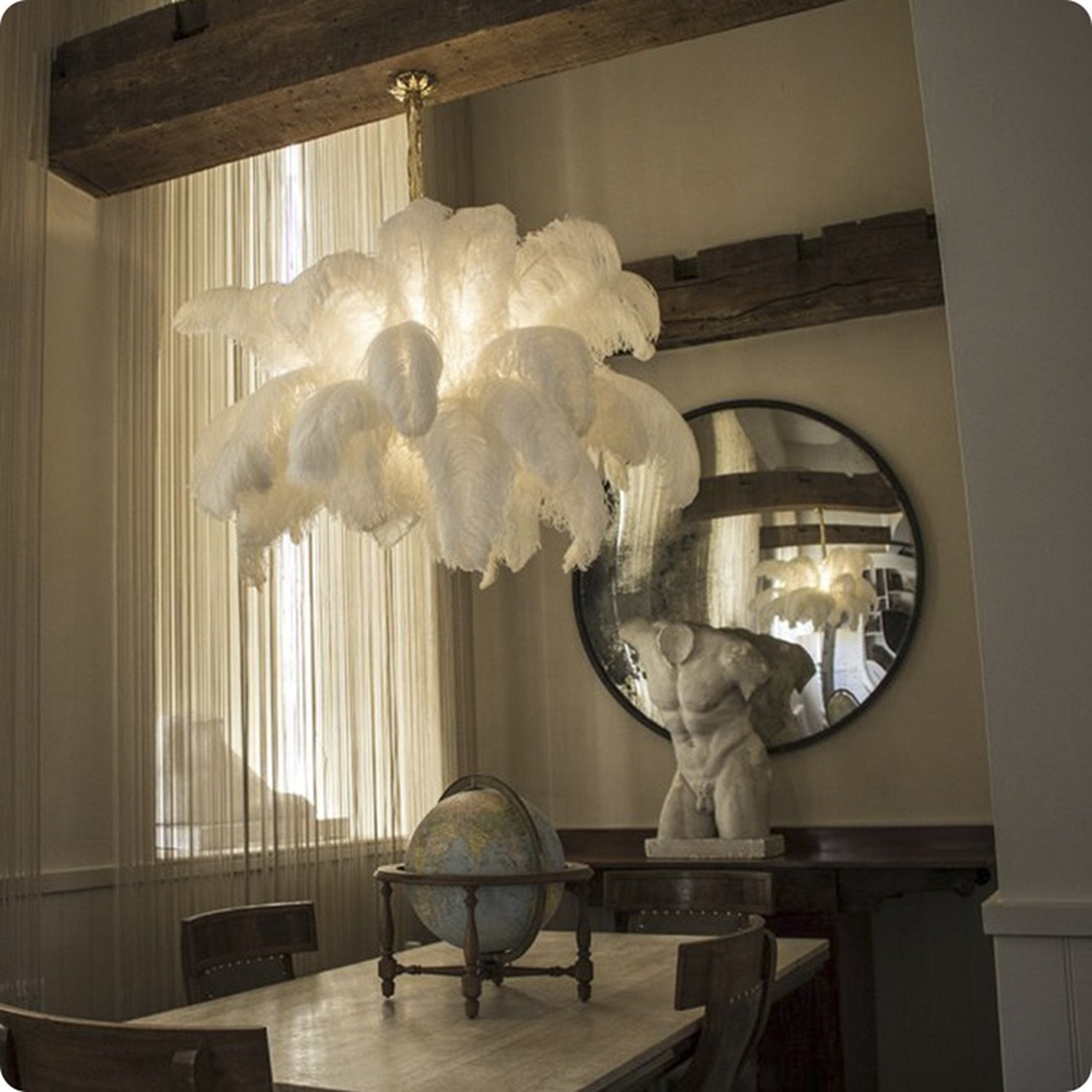 Natural Ostrich Feather Gasolier Chandelier with Polished Brass Frame for Luxury Interiors
