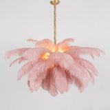 Natural Ostrich Feather Gasolier Chandelier with Polished Brass Frame for Luxury Interiors