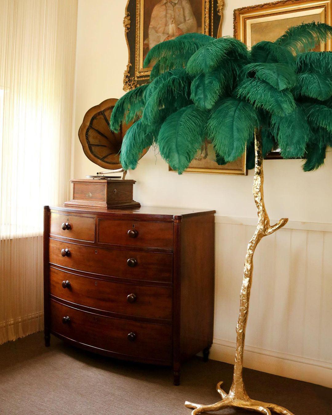 Luxurious Ostrich Feather Floor Lamp with Polished Brass Base Elegant Gold Standing Light for Living Room