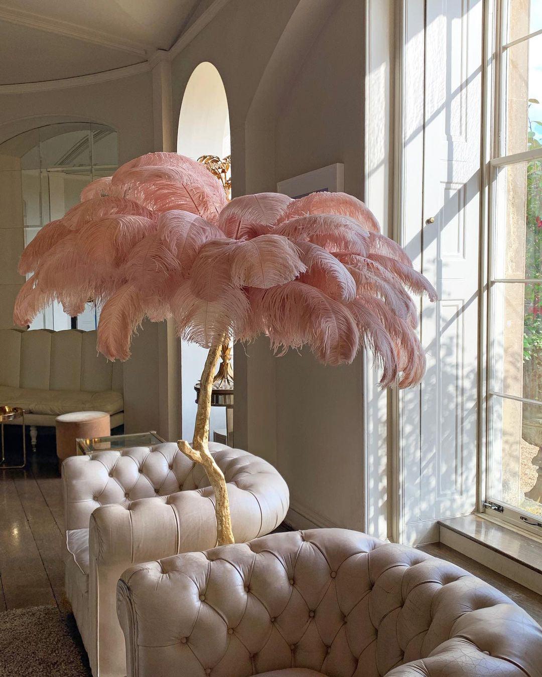 Luxurious Ostrich Feather Floor Lamp with Polished Brass Base Elegant Gold Standing Light for Living Room