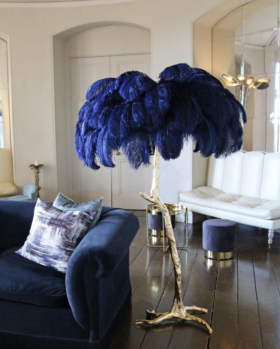 Luxurious Ostrich Feather Floor Lamp with Polished Brass Base Elegant Gold Standing Light for Living Room