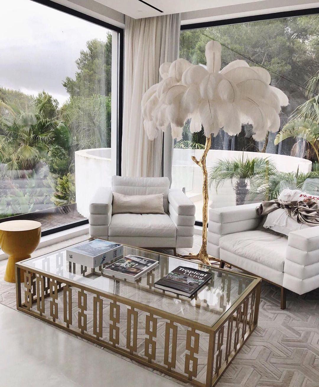 Luxurious Ostrich Feather Floor Lamp with Polished Brass Base Elegant Gold Standing Light for Living Room