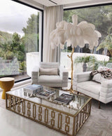 Luxurious Ostrich Feather Floor Lamp with Polished Brass Base Elegant Gold Standing Light for Living Room