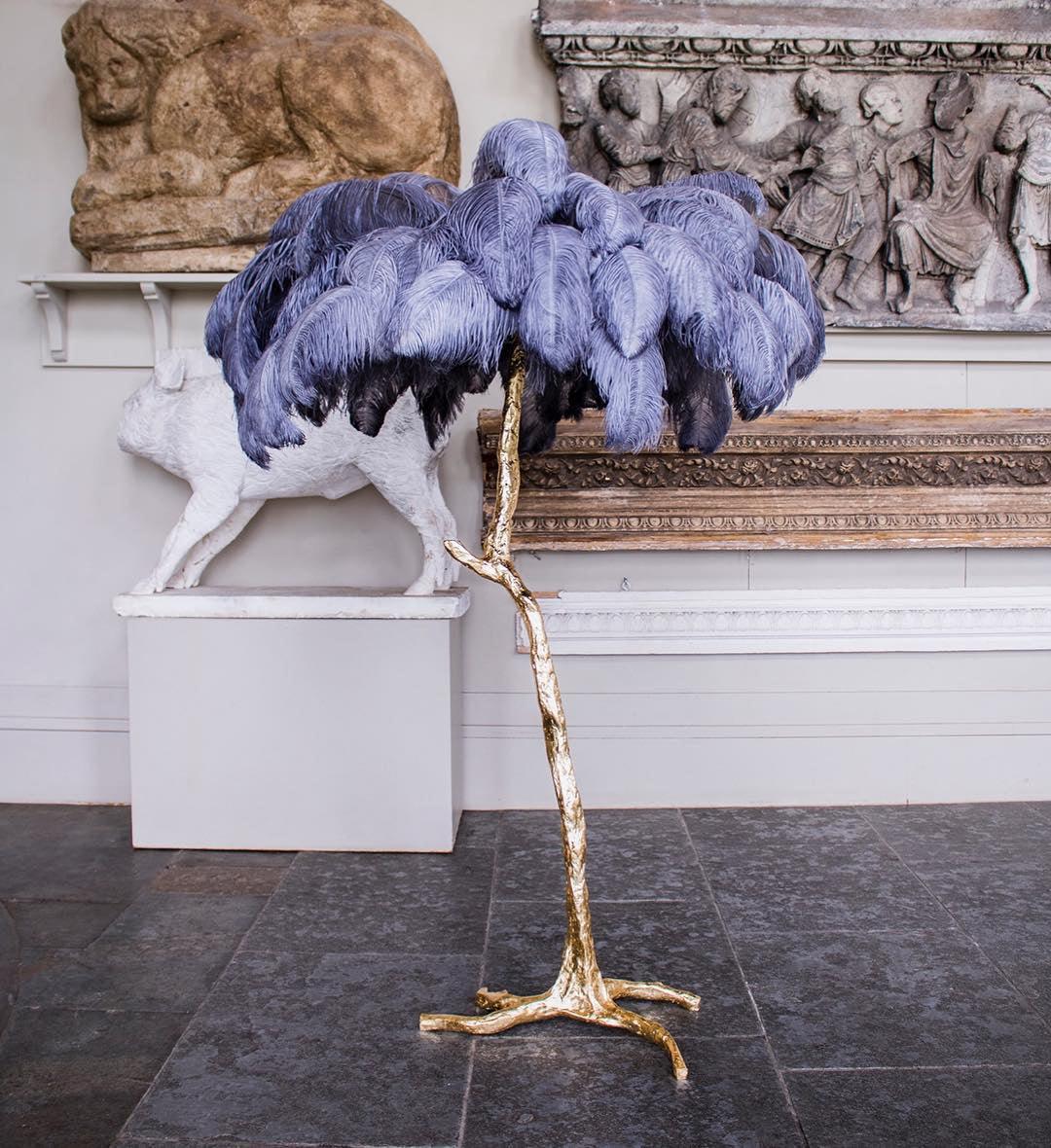 Luxurious Ostrich Feather Floor Lamp with Polished Brass Base Elegant Gold Standing Light for Living Room