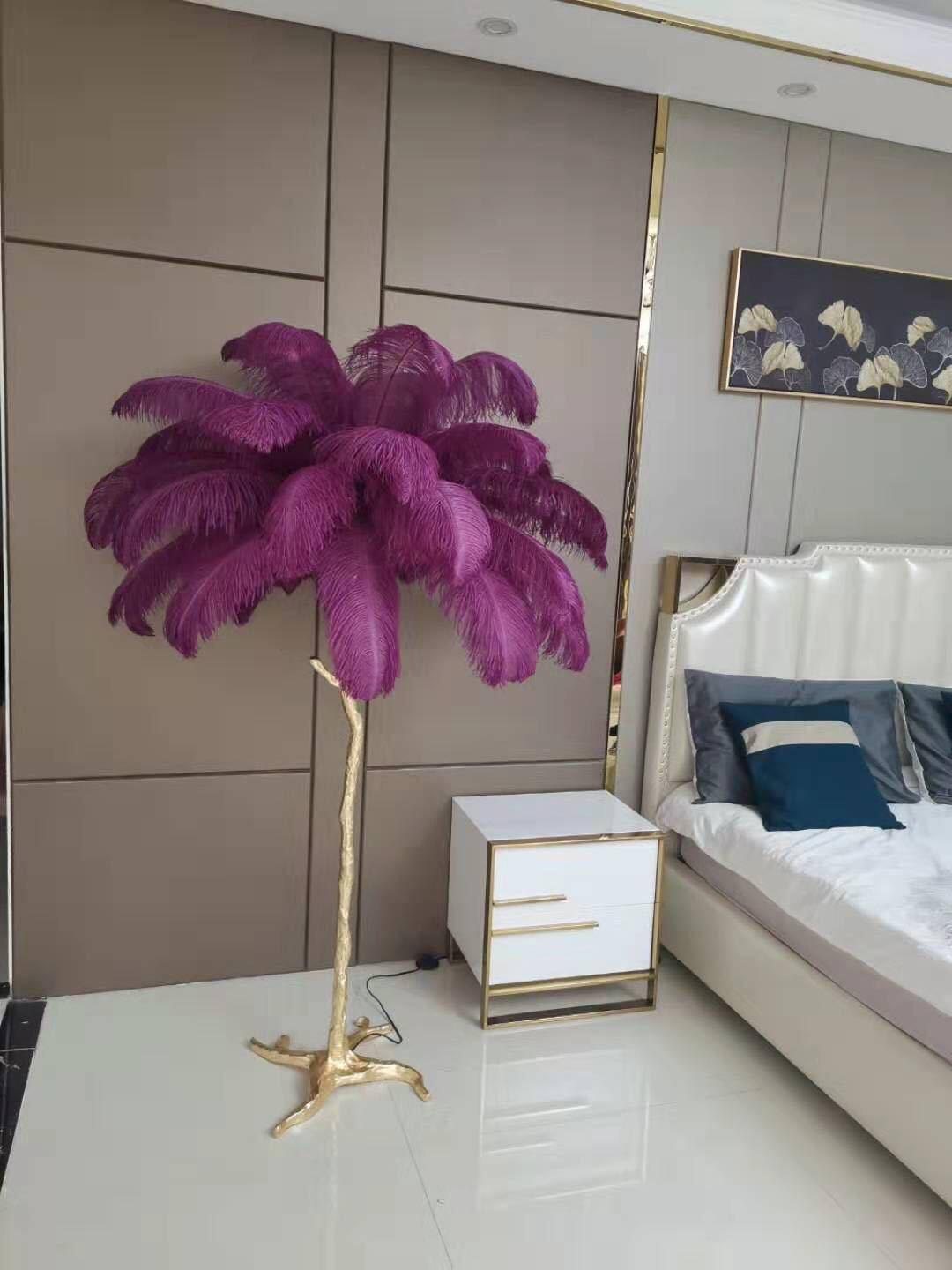Luxurious Ostrich Feather Floor Lamp with Polished Brass Base Elegant Gold Standing Light for Living Room