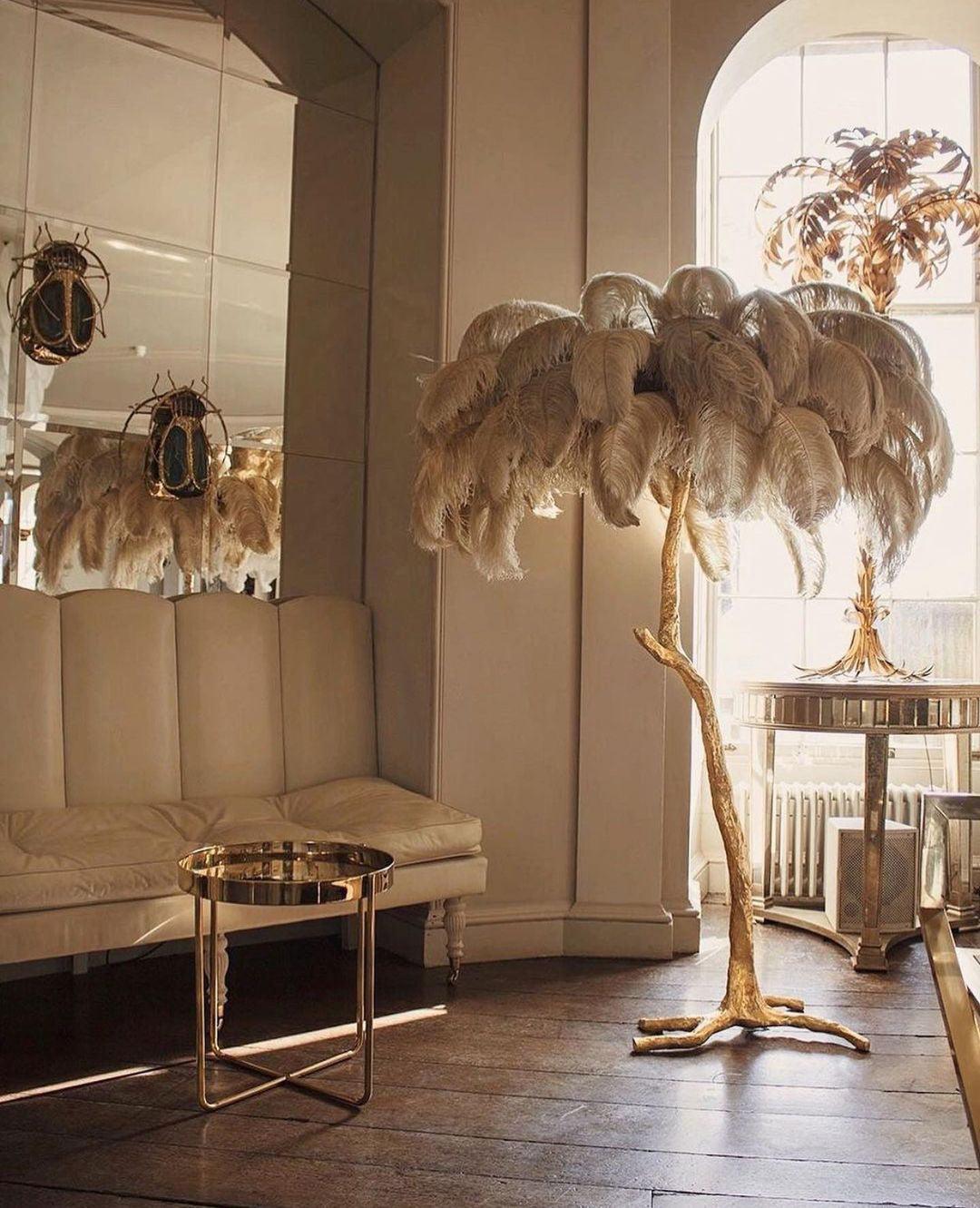 Luxurious Ostrich Feather Floor Lamp with Polished Brass Base Elegant Gold Standing Light for Living Room