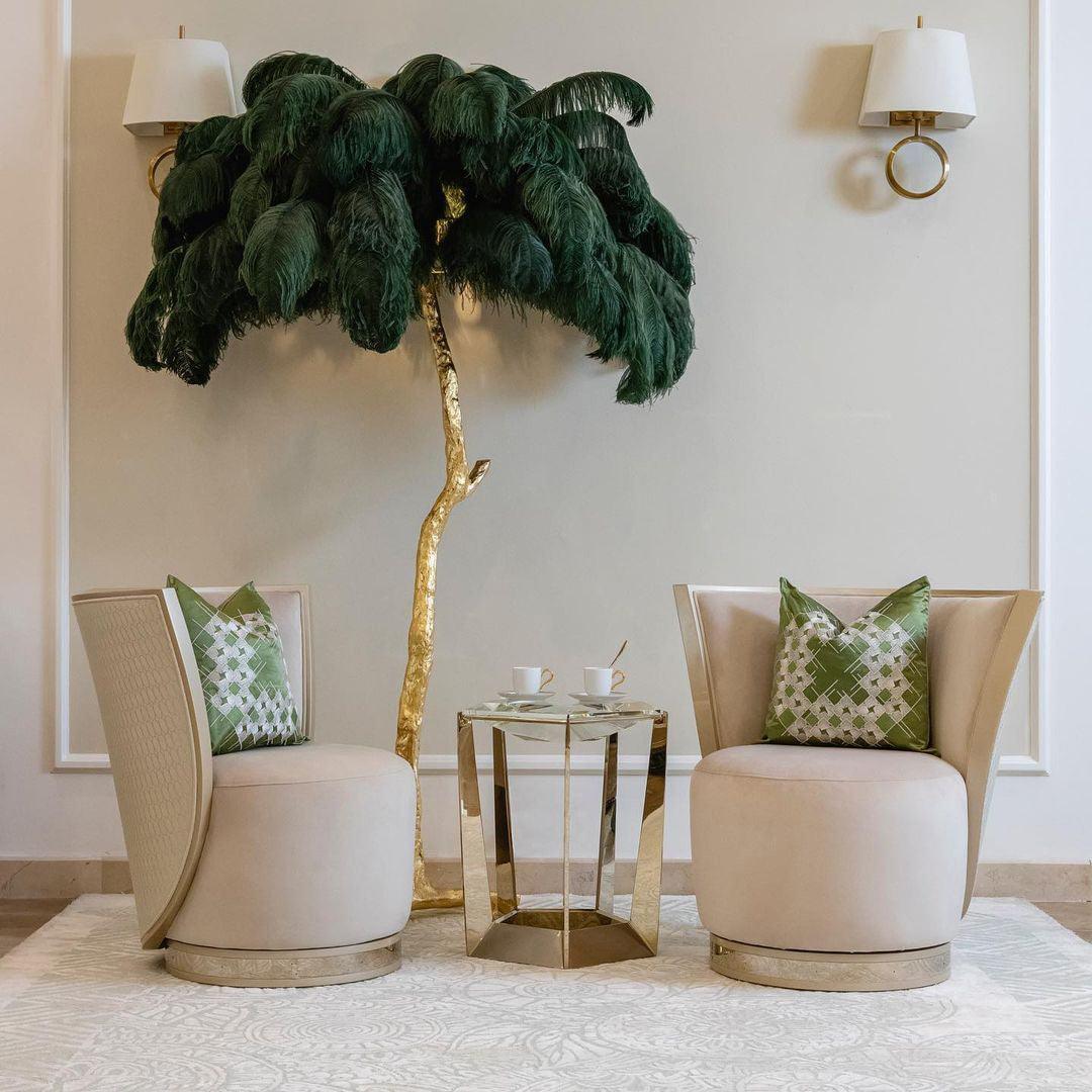 Luxurious Ostrich Feather Floor Lamp with Polished Brass Base Elegant Gold Standing Light for Living Room