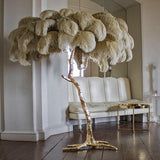 Luxurious Ostrich Feather Floor Lamp with Polished Brass Base Elegant Gold Standing Light for Living Room