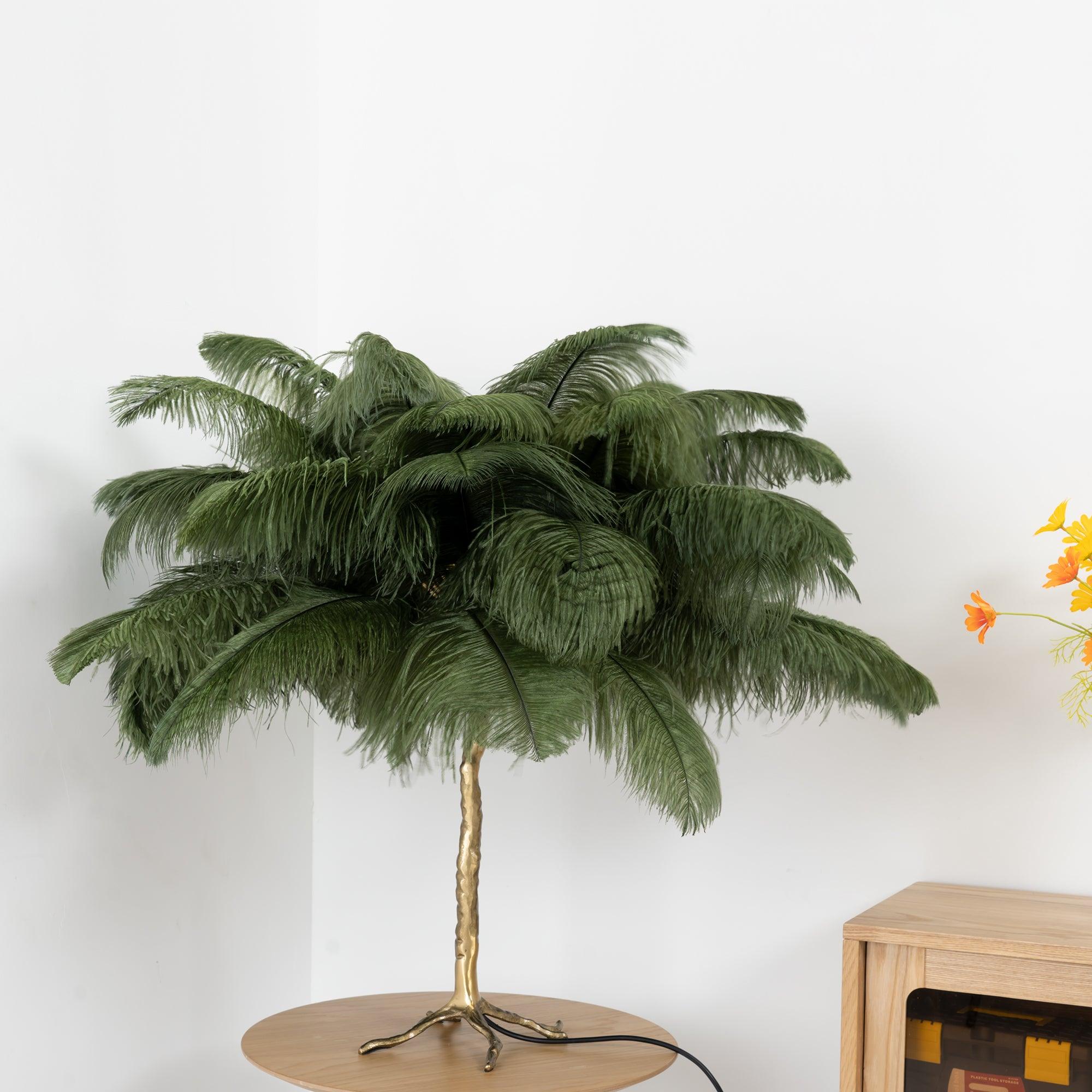Luxury Ostrich Feather Palm Tree Table Lamp with Brass Base and Portable Design