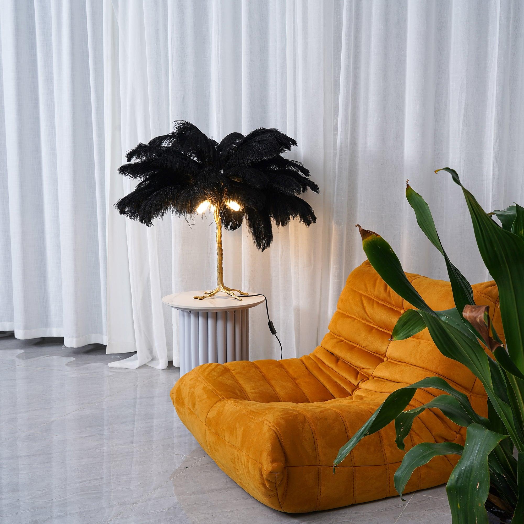 Luxury Ostrich Feather Palm Tree Table Lamp with Brass Base and Portable Design