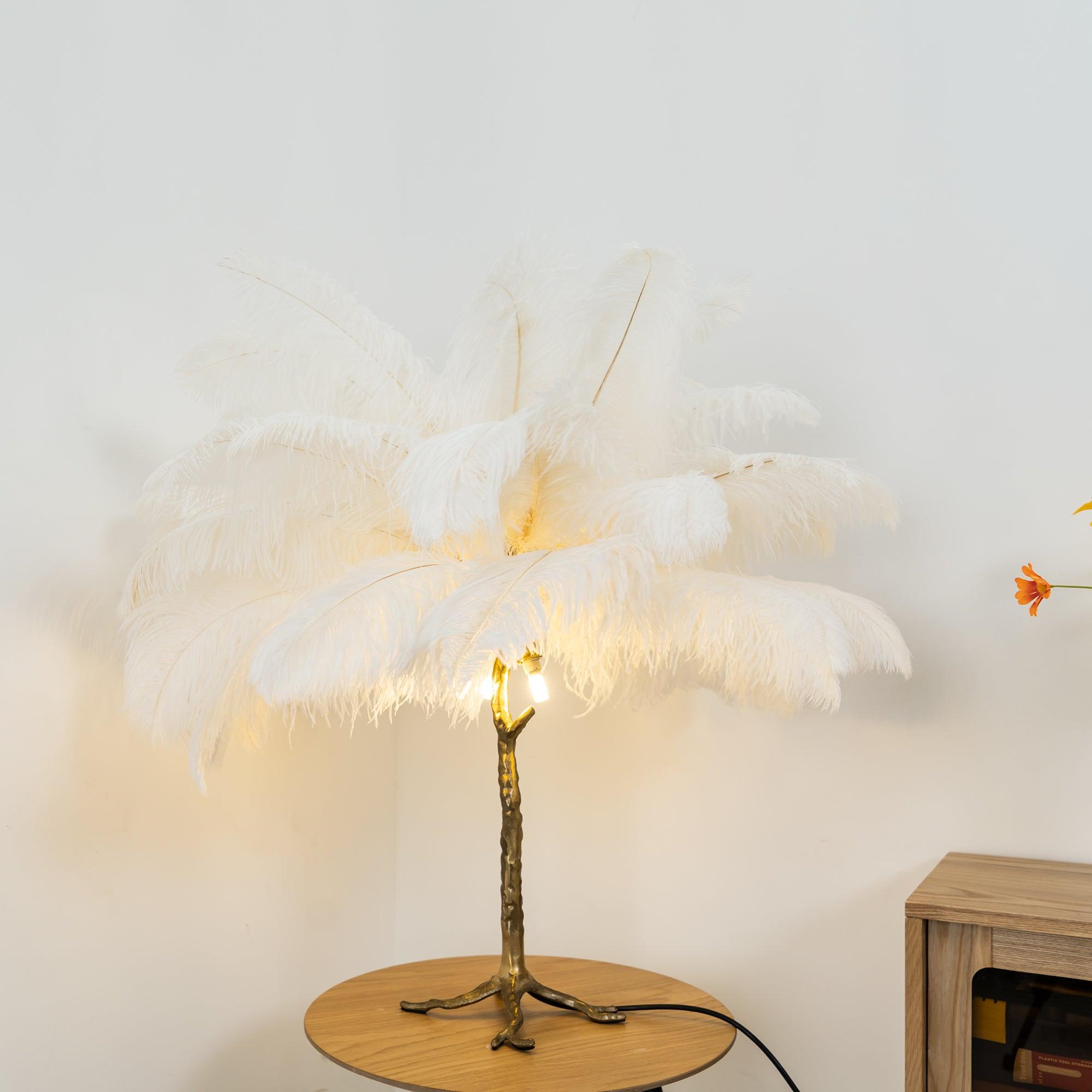 Luxury Ostrich Feather Palm Tree Table Lamp with Brass Base and Portable Design