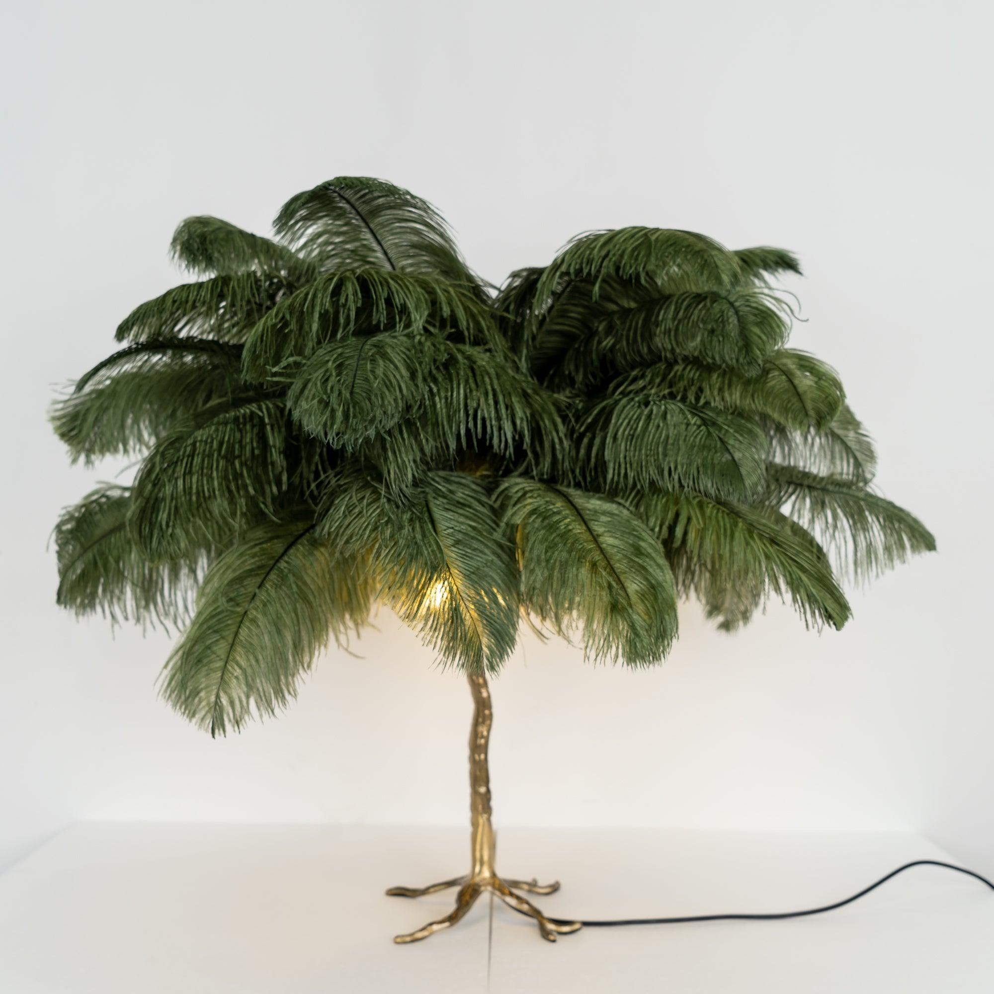 Luxury Ostrich Feather Palm Tree Table Lamp with Brass Base and Portable Design