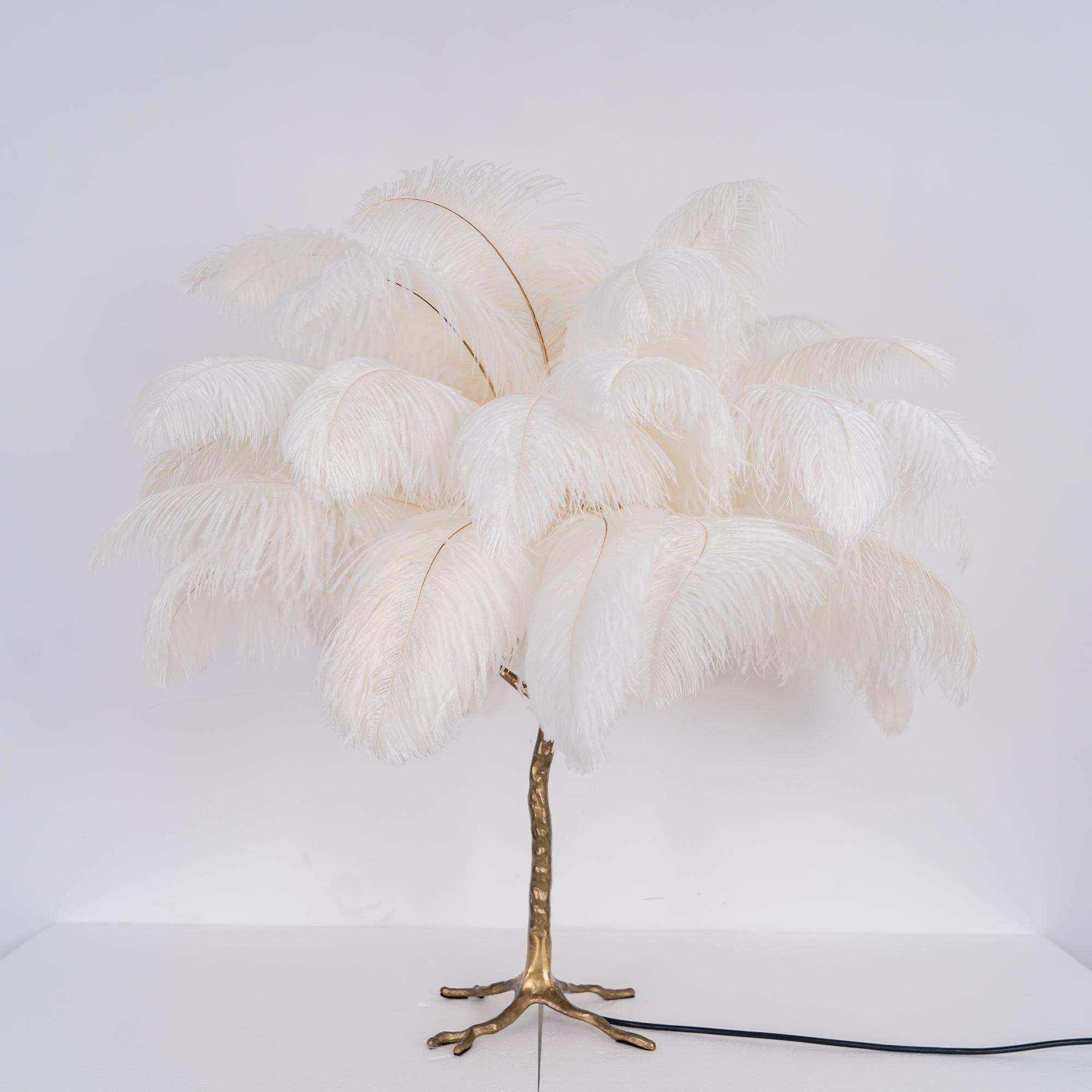 Luxury Ostrich Feather Palm Tree Table Lamp with Brass Base and Portable Design