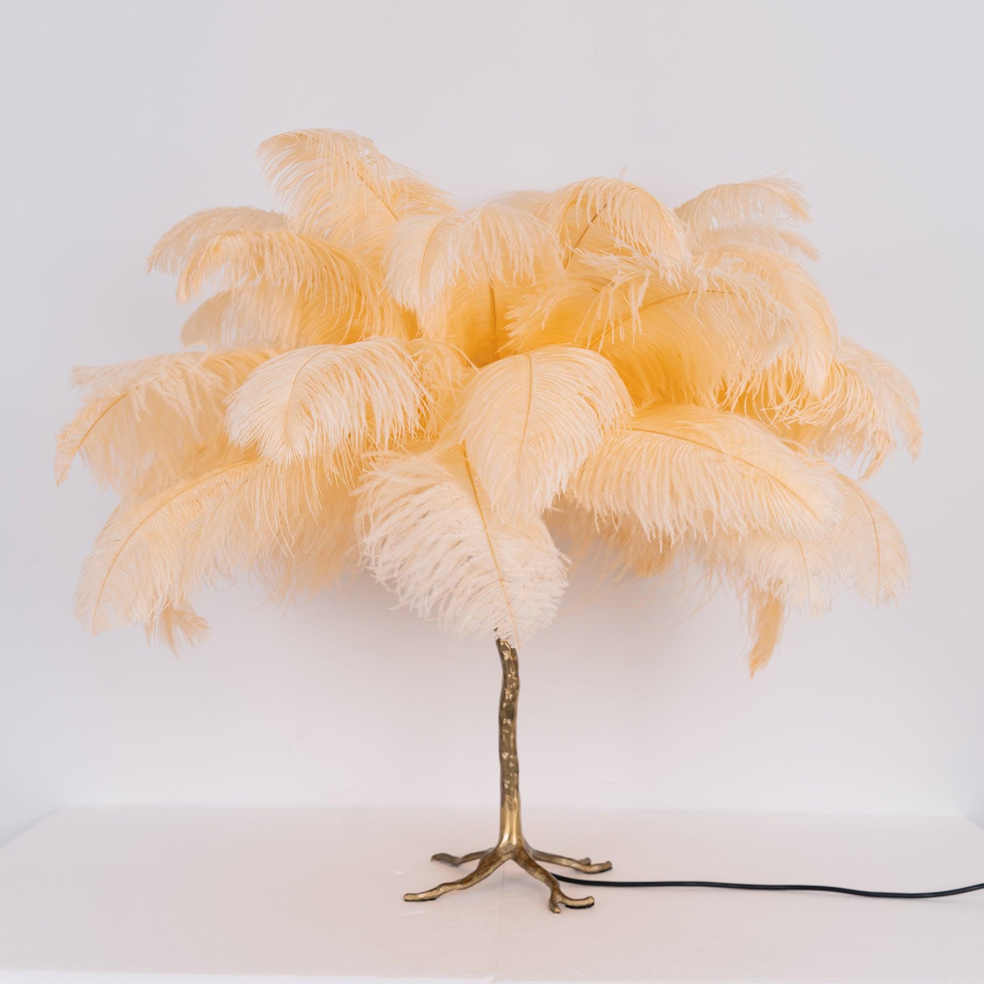 Luxury Ostrich Feather Palm Tree Table Lamp with Brass Base and Portable Design