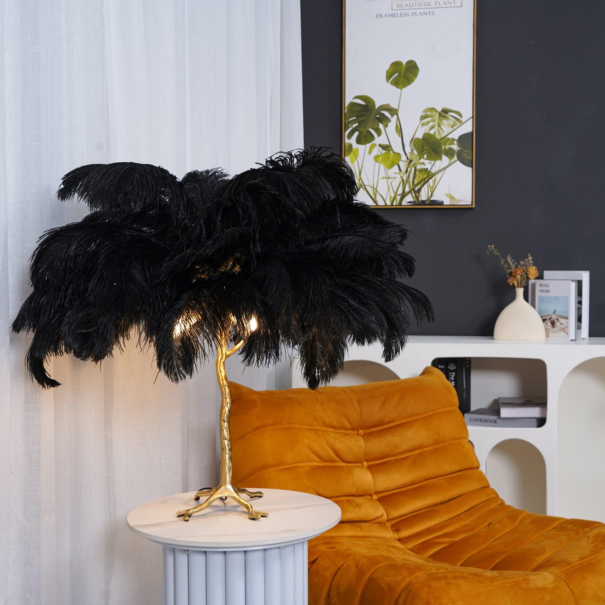 Luxury Ostrich Feather Palm Tree Table Lamp with Brass Base and Portable Design