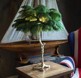 Luxury Ostrich Feather Palm Tree Table Lamp with Brass Base and Portable Design