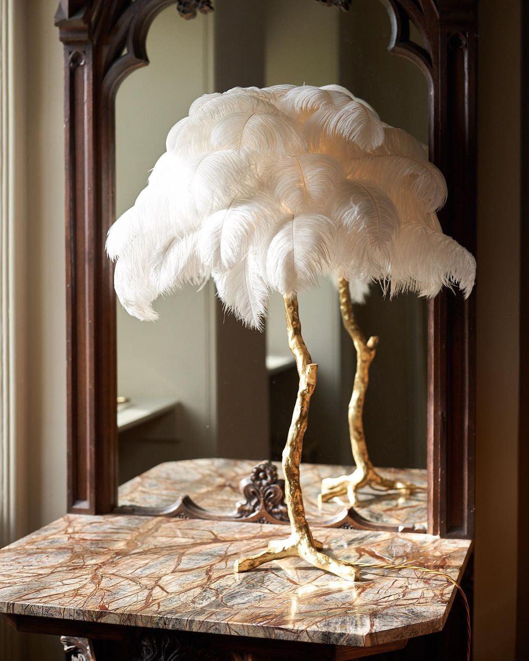 Luxury Ostrich Feather Palm Tree Table Lamp with Brass Base and Portable Design