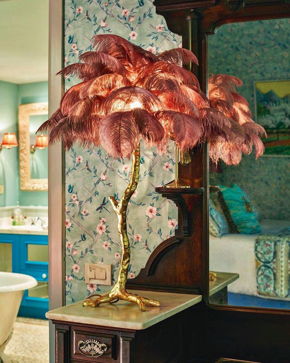 Luxury Ostrich Feather Palm Tree Table Lamp with Brass Base and Portable Design