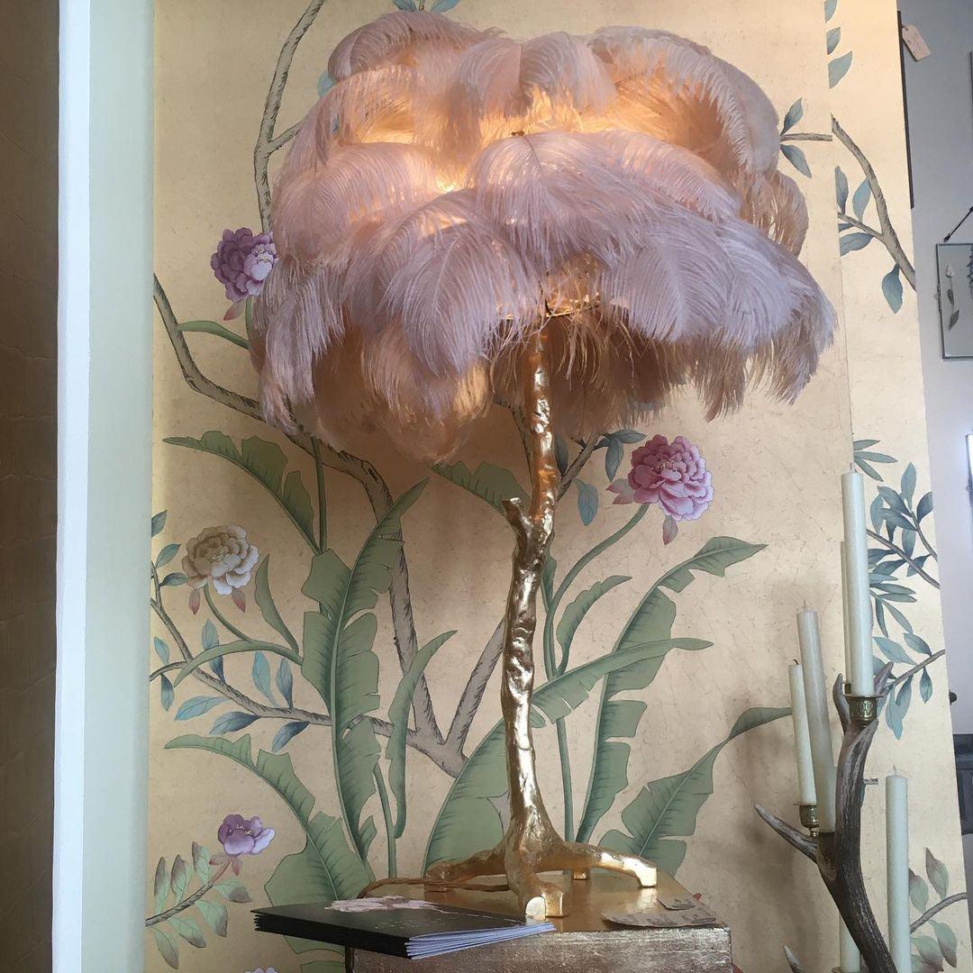 Luxury Ostrich Feather Palm Tree Table Lamp with Brass Base and Portable Design
