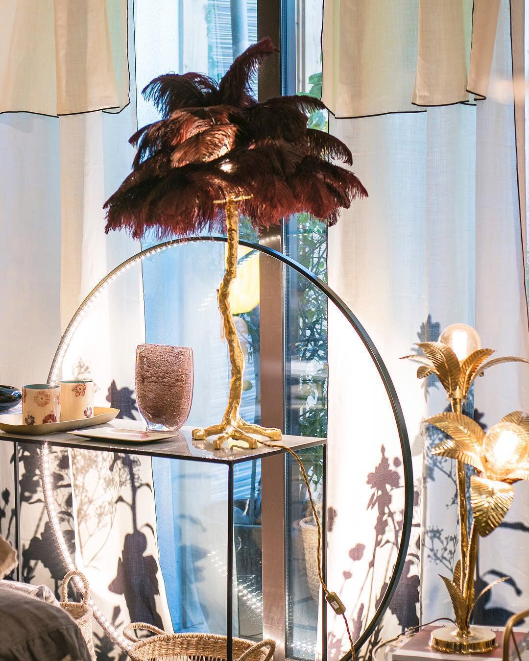 Luxury Ostrich Feather Palm Tree Table Lamp with Brass Base and Portable Design
