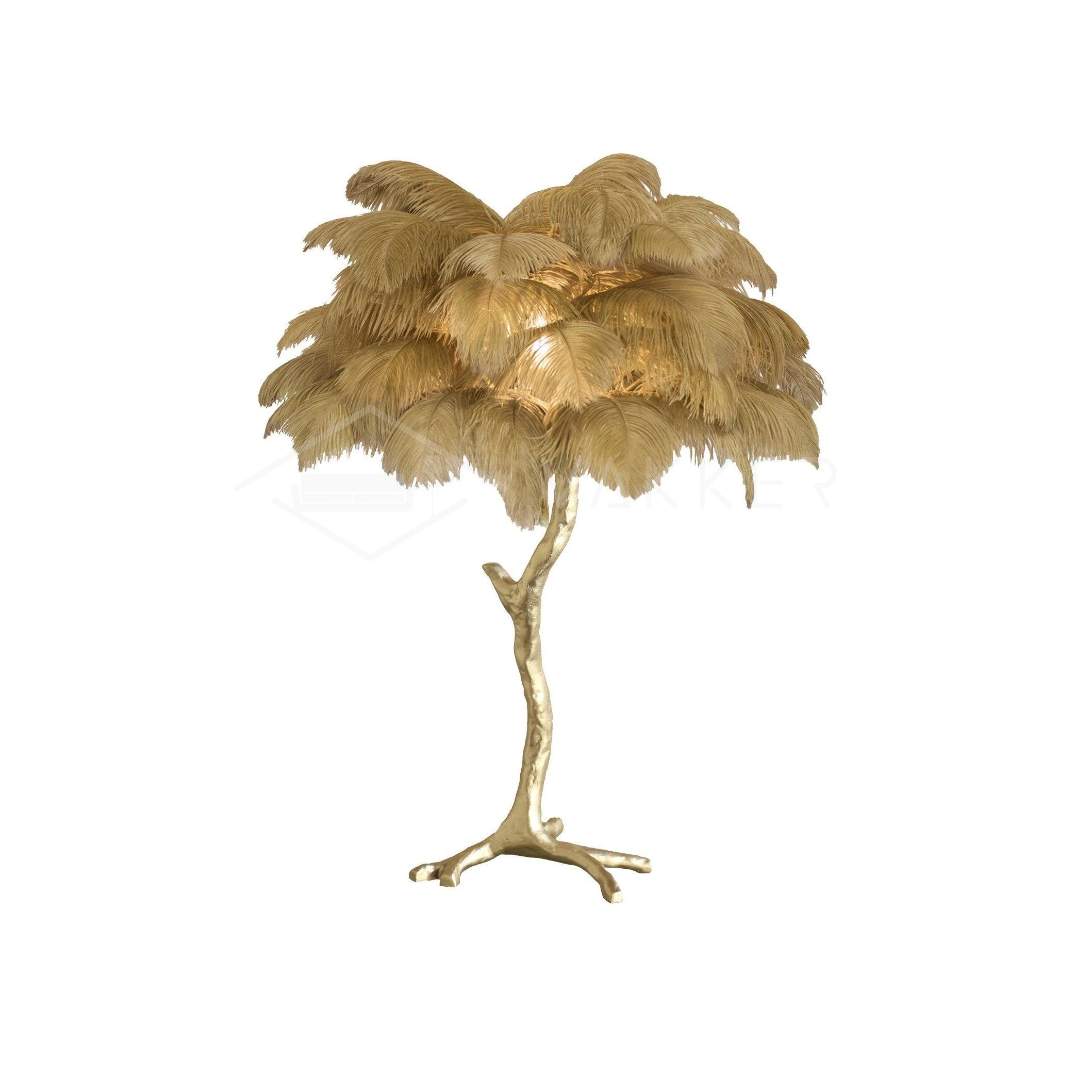 Luxury Ostrich Feather Palm Tree Table Lamp with Brass Base and Portable Design