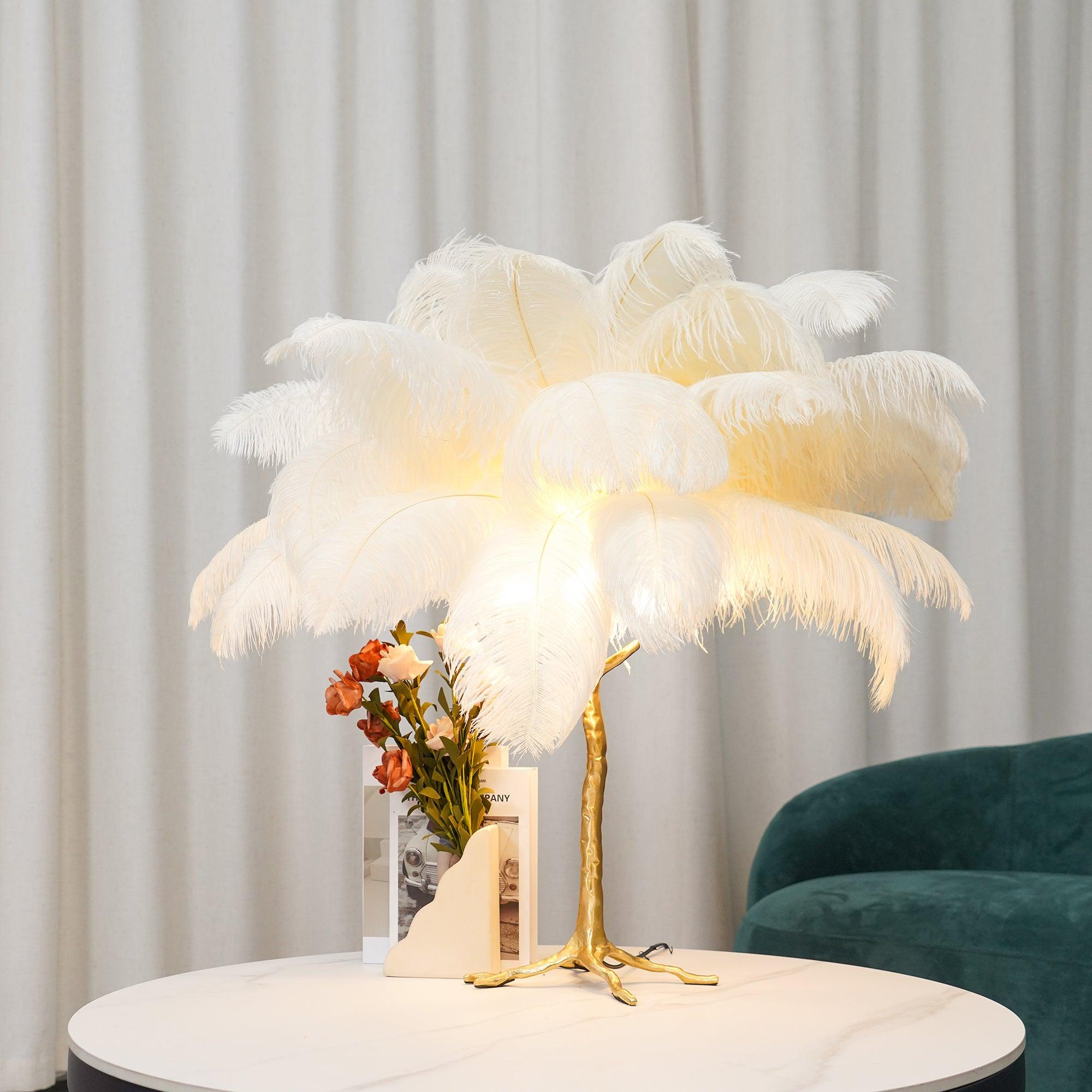 Luxury Ostrich Feather Palm Tree Table Lamp with Brass Base and Portable Design